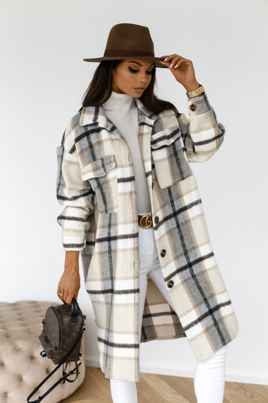 Button Lapel Casual Plaid Long Woolen Coat for Women – Warm Autumn & Winter Outerwear