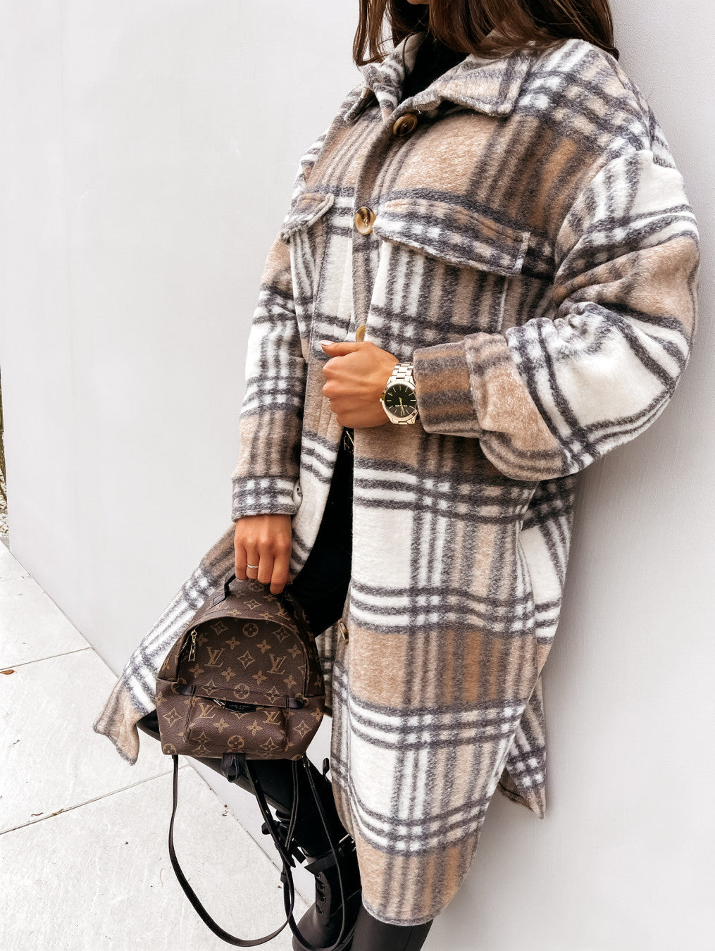 Button Lapel Casual Plaid Long Woolen Coat for Women – Warm Autumn & Winter Outerwear
