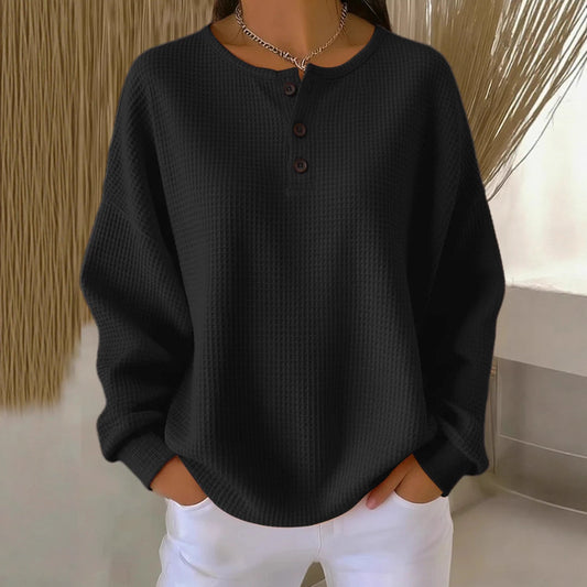 Women’s Waffle Knit Long-Sleeve Top – Solid Colour Button Round Neck Pullover