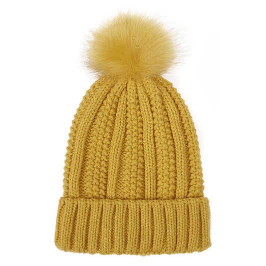 Women’s Winter Knitted Beanie Hat with Faux Fur Pom Pom – Warm Lined Stretch Fit