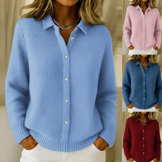 Women’s Casual Button-Up Knitted Lapel Sweater – Long Sleeve Winter Jumper