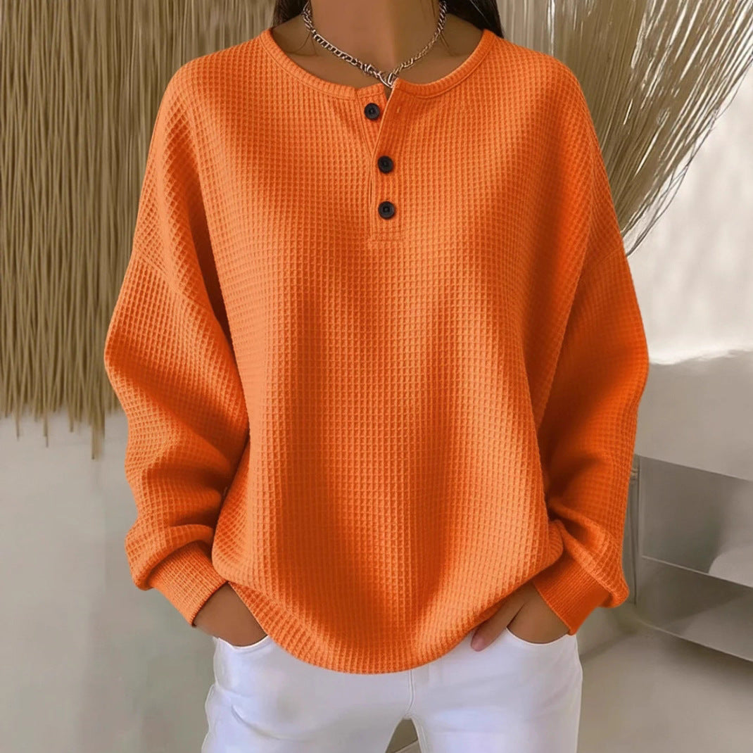 Women’s Waffle Knit Long-Sleeve Top – Solid Colour Button Round Neck Pullover