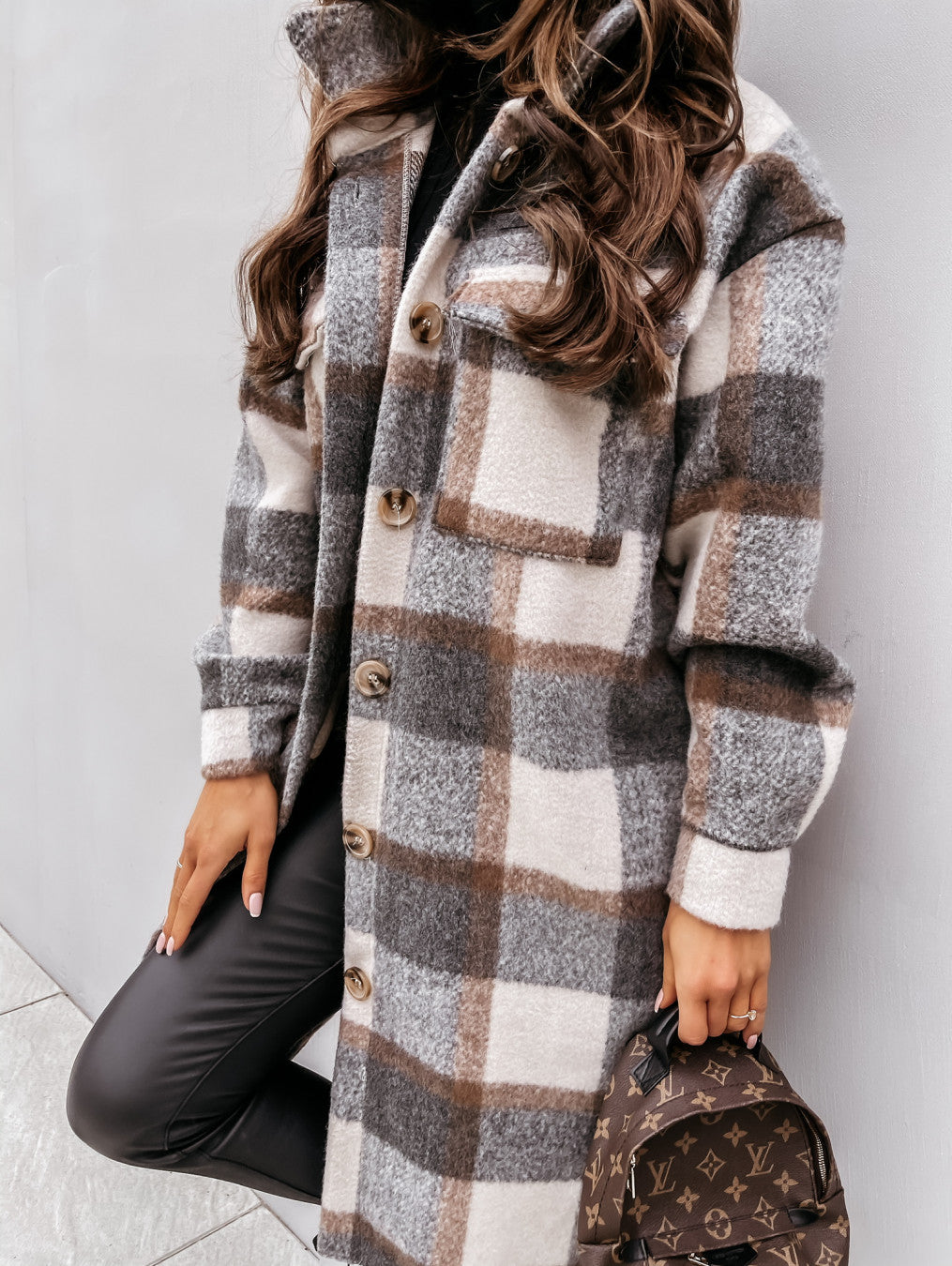 Button Lapel Casual Plaid Long Woolen Coat for Women – Warm Autumn & Winter Outerwear
