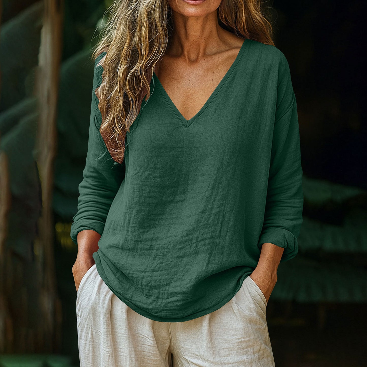 Elegant Cotton Linen V-Neck Long Sleeve Top – Casual Fashion Wear