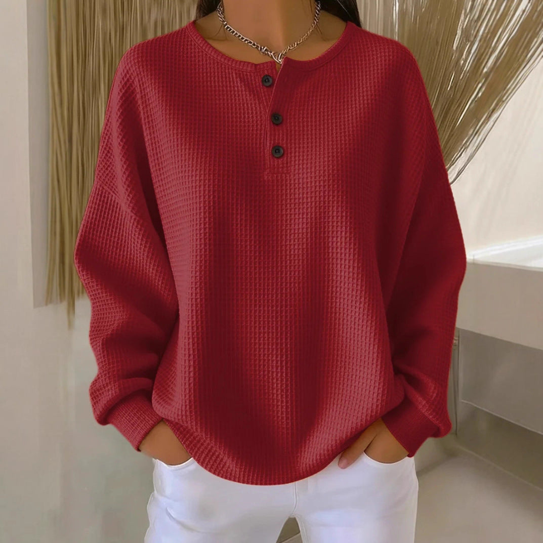 Women’s Waffle Knit Long-Sleeve Top – Solid Colour Button Round Neck Pullover