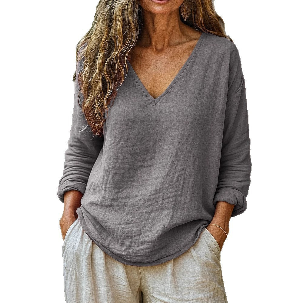 Elegant Cotton Linen V-Neck Long Sleeve Top – Casual Fashion Wear
