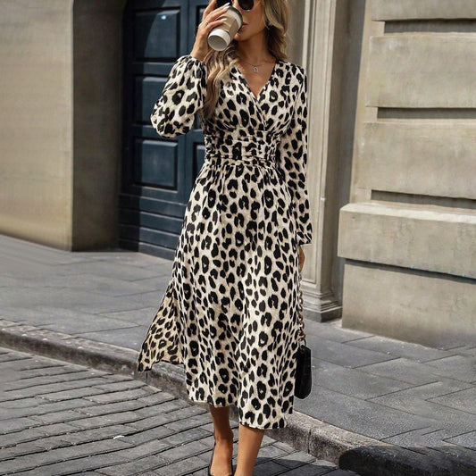 Women’s European & American Leopard Print Lantern Sleeve Maxi Dress