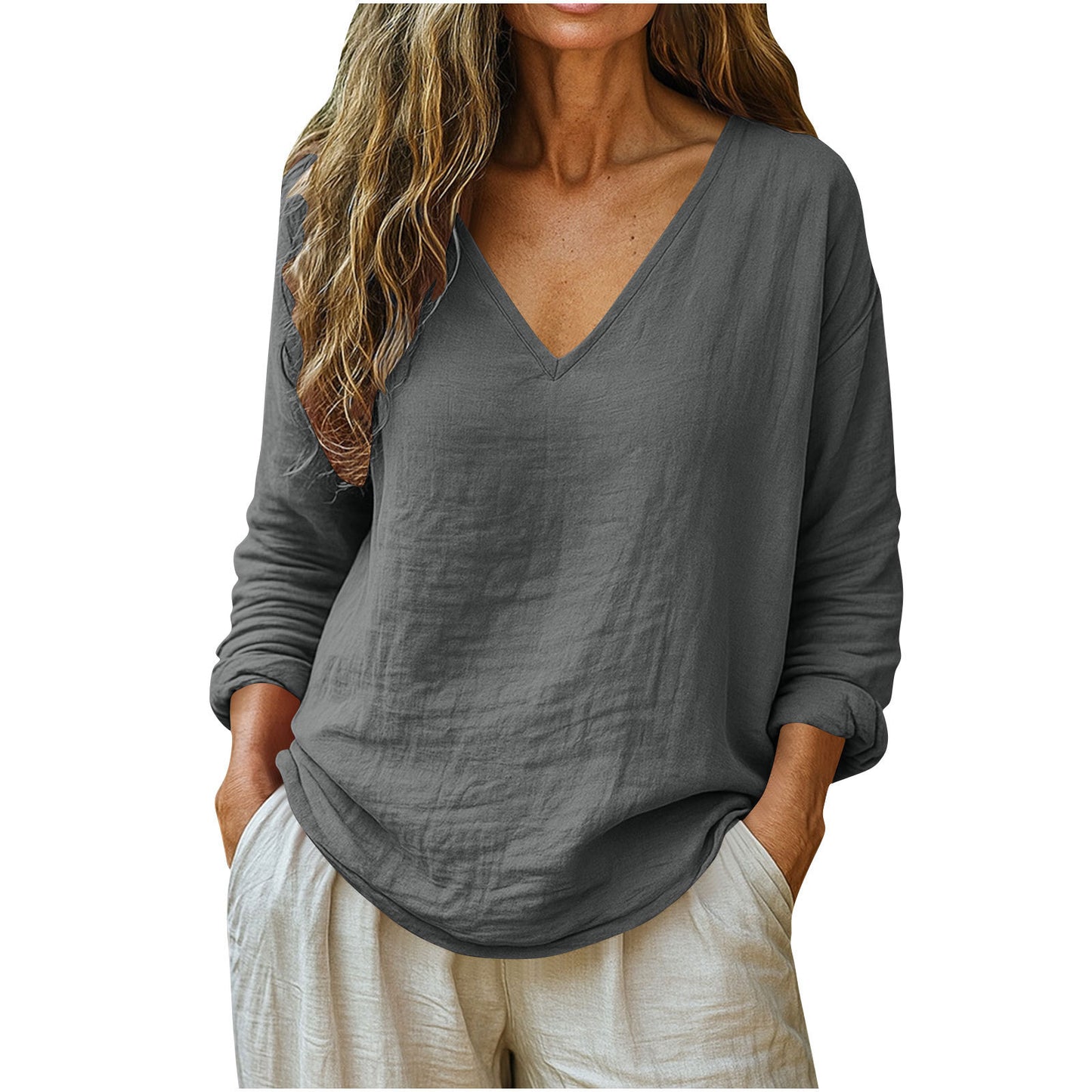 Elegant Cotton Linen V-Neck Long Sleeve Top – Casual Fashion Wear