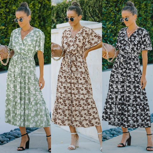 European & American Style Women’s V-Neck Ruffled Short Sleeve Summer Dress