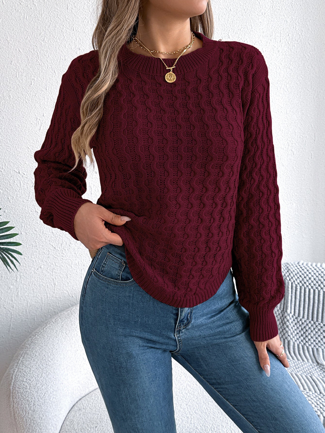 Women’s Irregular Hem Lantern Sleeve Knit Jumper