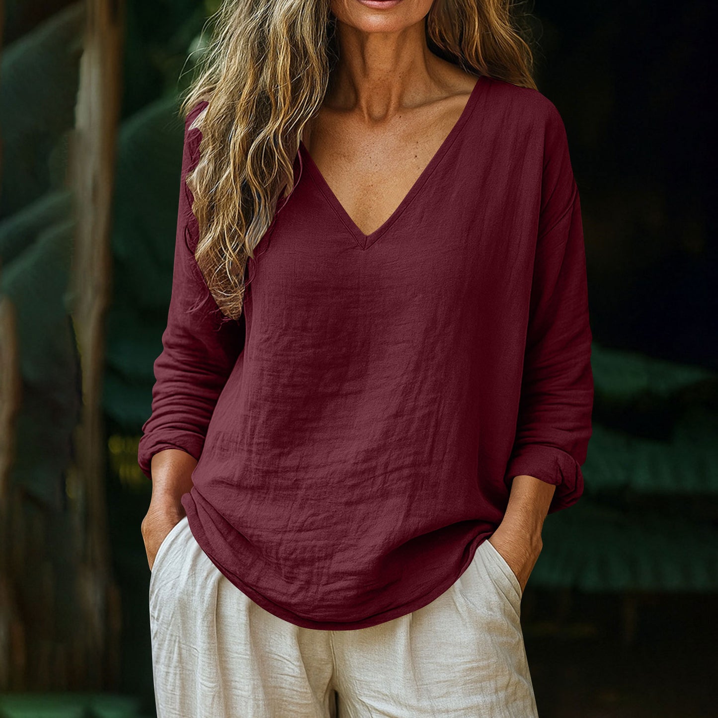 Elegant Cotton Linen V-Neck Long Sleeve Top – Casual Fashion Wear
