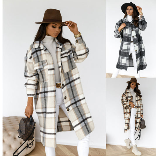 Button Lapel Casual Plaid Long Woolen Coat for Women – Warm Autumn & Winter Outerwear