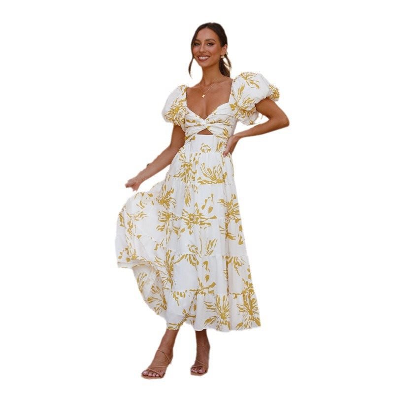 Women’s Elegant Floral Flared Dress with Puff Sleeves