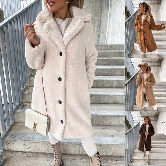 Women’s Winter Long-Sleeve Lapel Plush Jacket – Warm Cozy Outerwear
