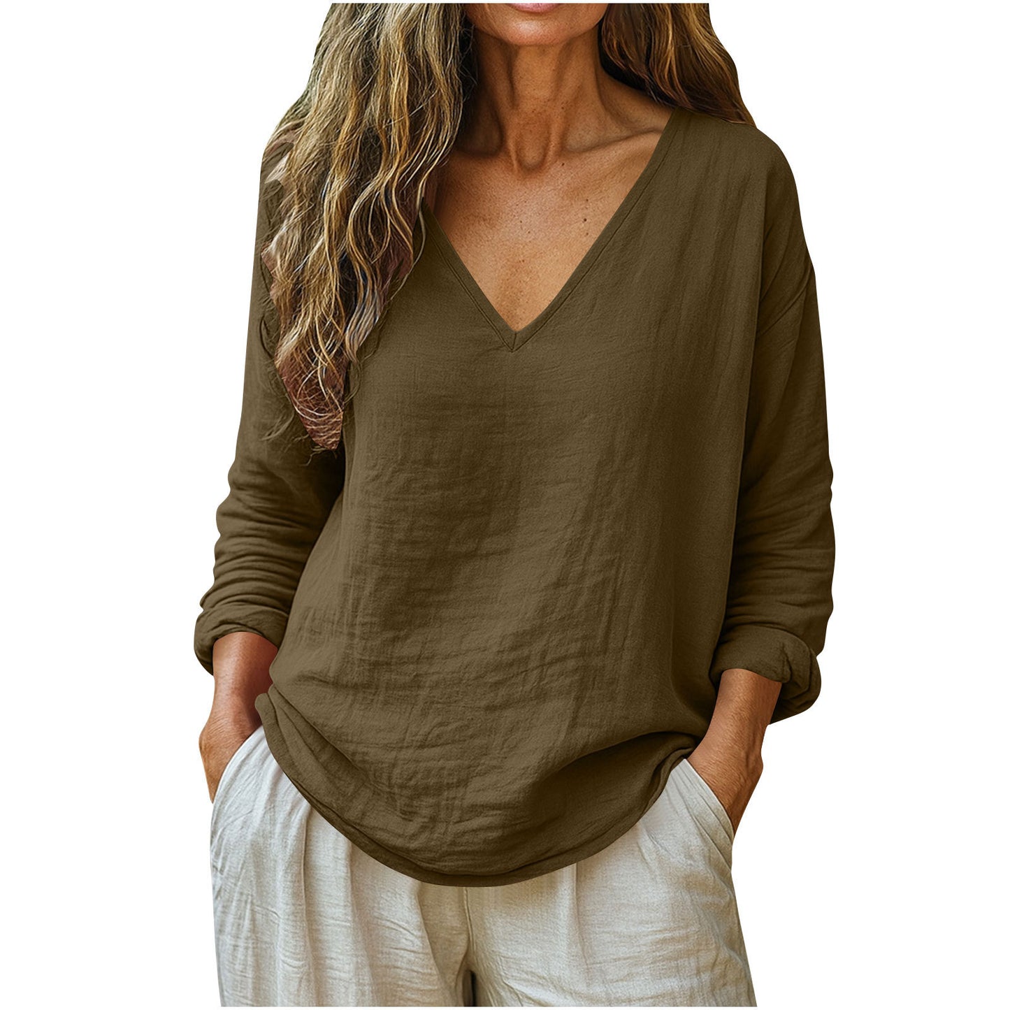 Elegant Cotton Linen V-Neck Long Sleeve Top – Casual Fashion Wear