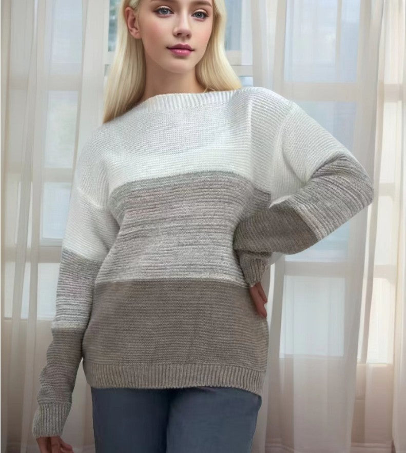 Women’s Spliced Knit Pullover Jumper – Round Neck Loose Fit