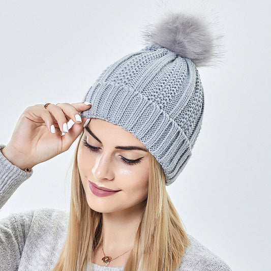 Women’s Winter Knitted Beanie Hat with Faux Fur Pom Pom – Warm Lined Stretch Fit