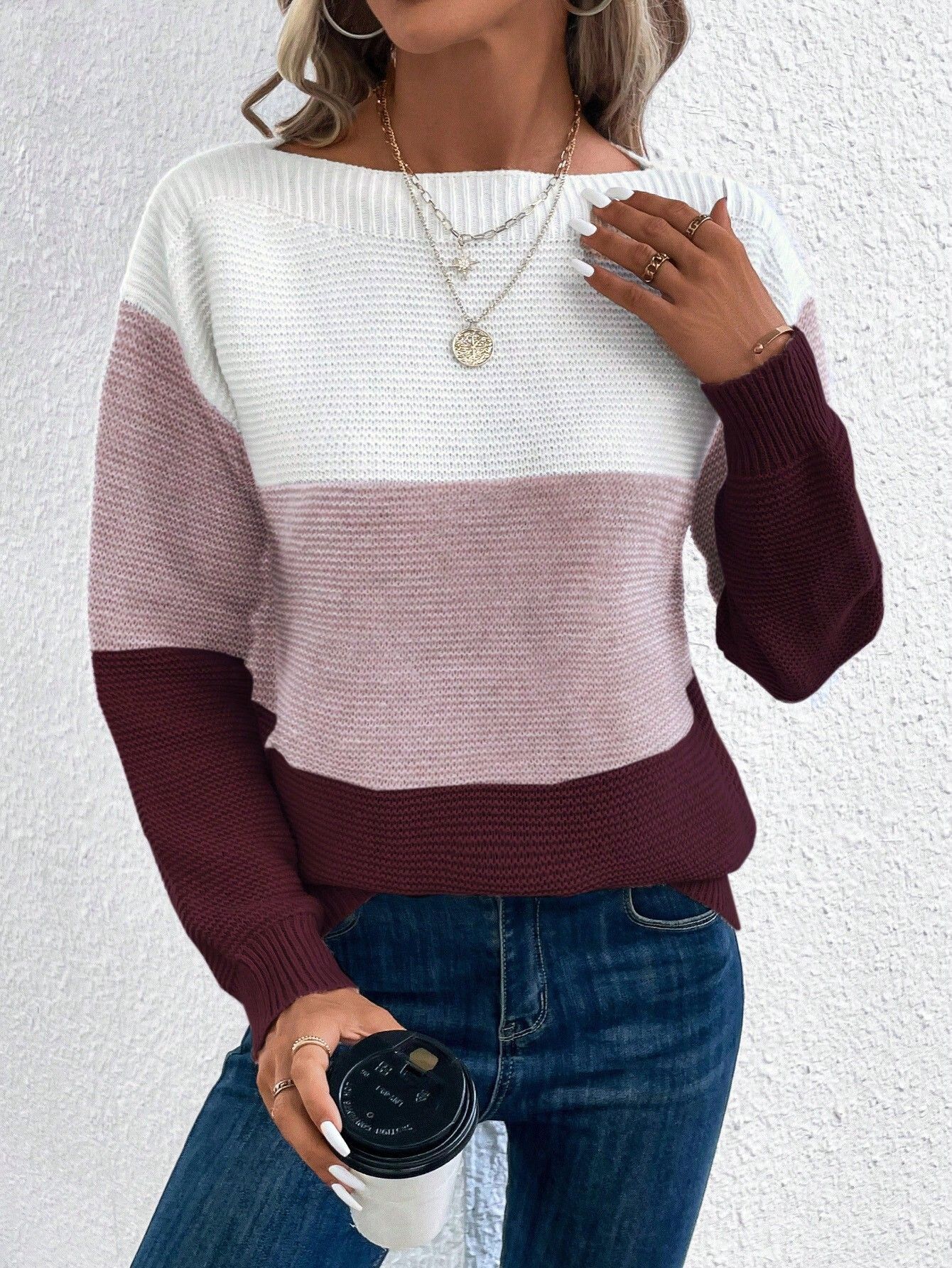 Women’s Spliced Knit Pullover Jumper – Round Neck Loose Fit