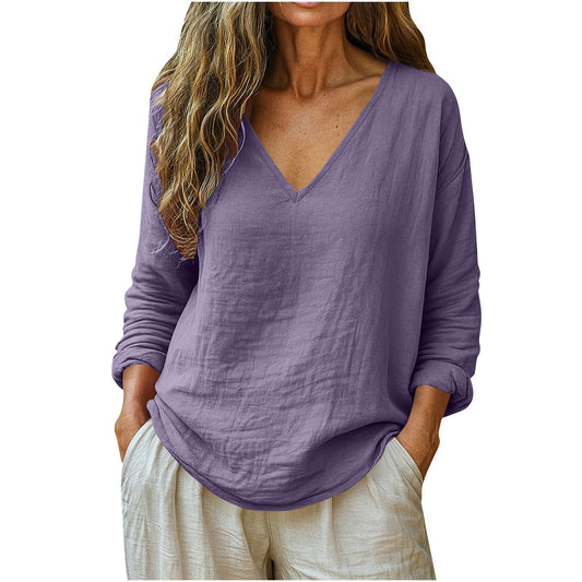 Elegant Cotton Linen V-Neck Long Sleeve Top – Casual Fashion Wear