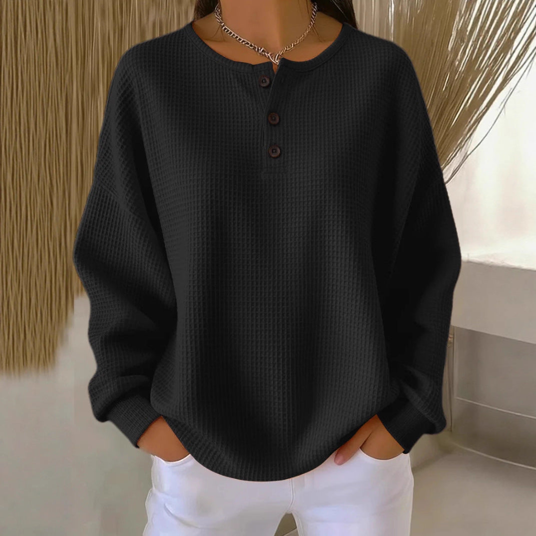 Women’s Waffle Knit Long-Sleeve Top – Solid Colour Button Round Neck Pullover