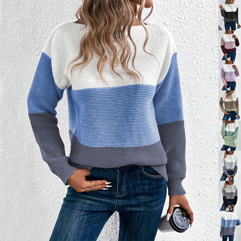 Women’s Spliced Knit Pullover Jumper – Round Neck Loose Fit