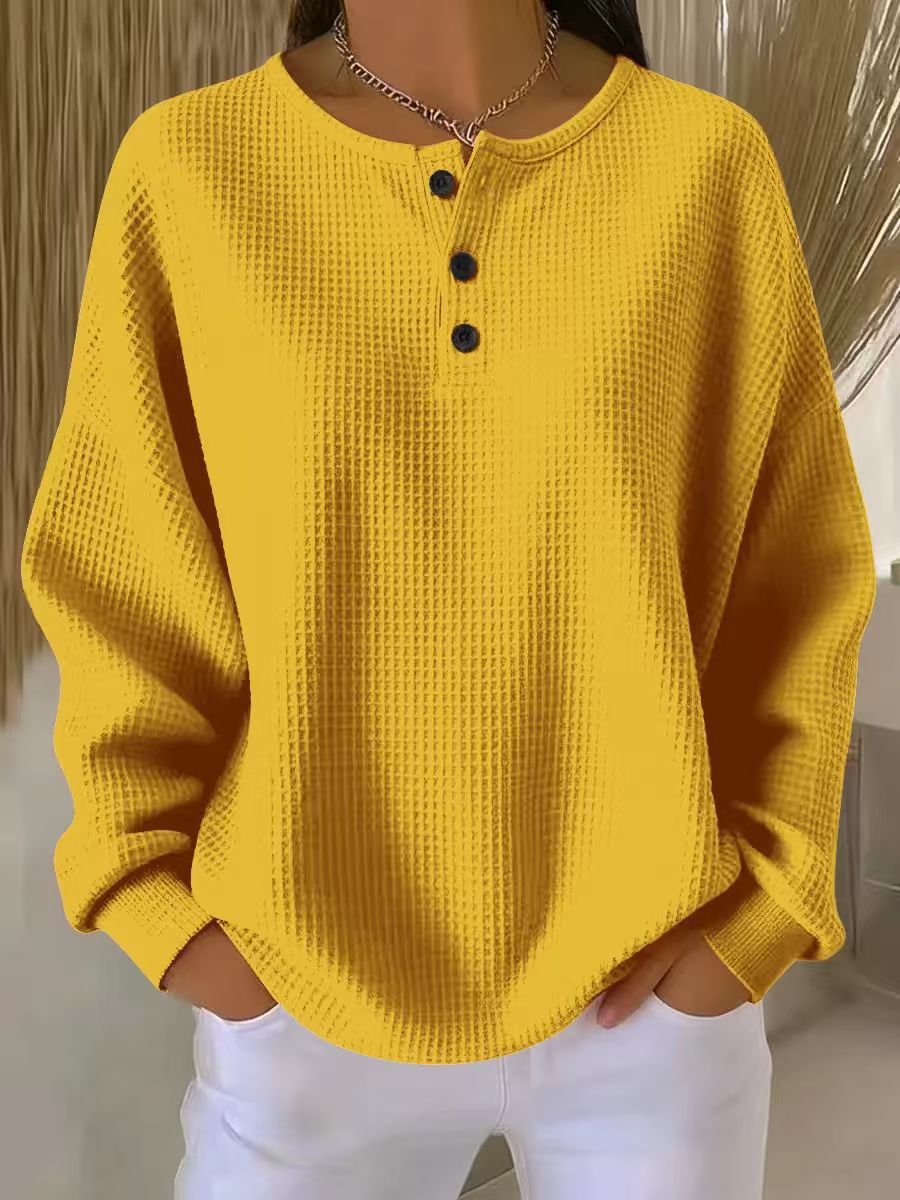 Women’s Waffle Knit Long-Sleeve Top – Solid Colour Button Round Neck Pullover