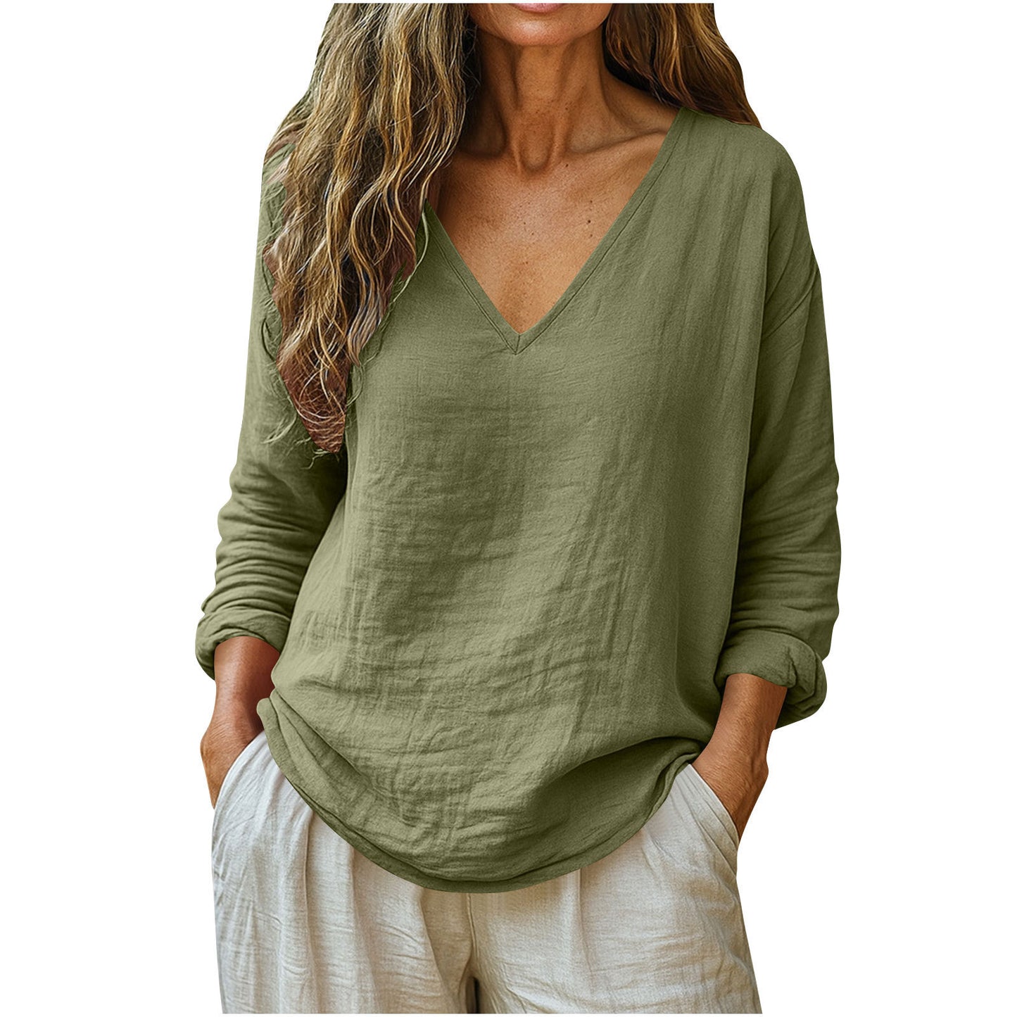 Elegant Cotton Linen V-Neck Long Sleeve Top – Casual Fashion Wear
