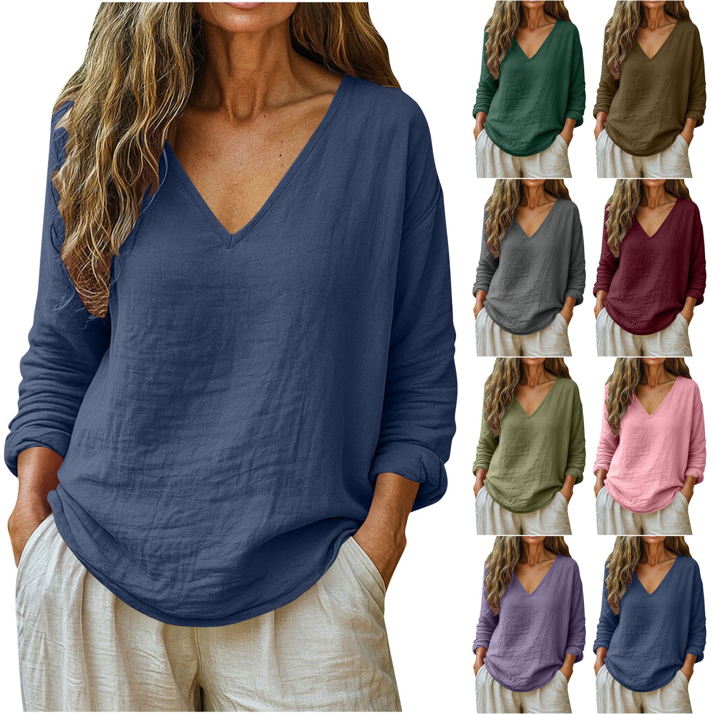 Elegant Cotton Linen V-Neck Long Sleeve Top – Casual Fashion Wear