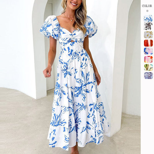 Women’s Elegant Floral Flared Dress with Puff Sleeves