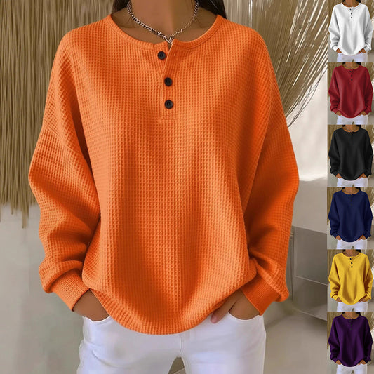 Women’s Waffle Knit Long-Sleeve Top – Solid Colour Button Round Neck Pullover