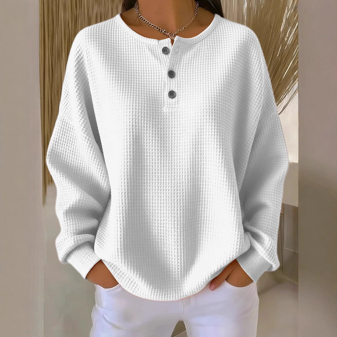 Women’s Waffle Knit Long-Sleeve Top – Solid Colour Button Round Neck Pullover